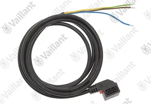 Schwarzes Kabel von Vaillant mit vier Anschlussdrähten (blau, grün, gelb) und einem Stecker, geeignet für Heizungs- oder andere technische Anwendungen.
